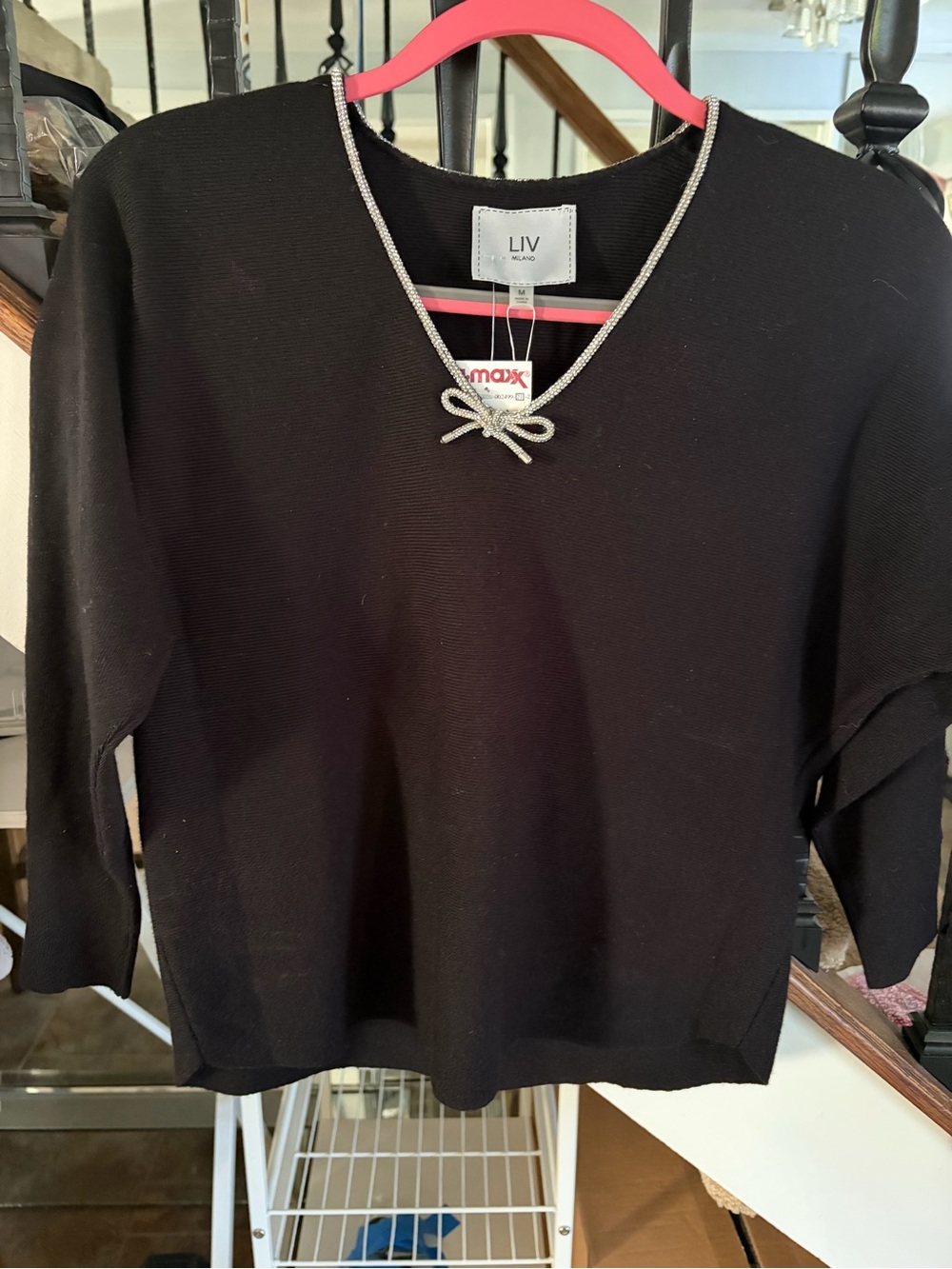 Milano Black V-Neck Sweater with Silver Bow Accent